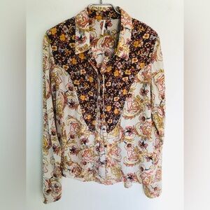 Free People Floral Patchwork Long Sleeve Blouse — Cream, Yellow, Pink, Brown